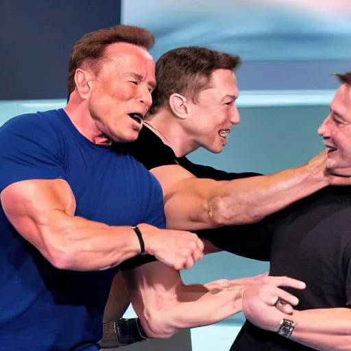 Image similar to high definition snapshot of arnold schwarzenegger kicking the crap out of elon musk & mark zuckerberg