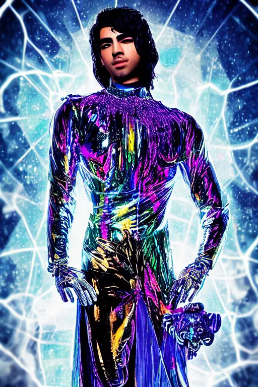 Prompt: hyper detailed ultra sharp fullbody photo of baroque and bladerunner delicate glowing sapphire sculpture of a muscular seductive young spanish joe jonas feeling highly orgasmic, iridescent humanoid deity wearing black and white striped seethrough cloak, holding a rainbow tiger gem, blue diamond, glowing pink face, crown of white diamonds, cinematic lighting, photorealistic, octane render 8 k