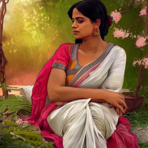 Prompt: character concept portrait of a bengali girl, wearing a silk muslin saree, voluptuous, relaxing in a dewan at the middle of a beautiful garden with flowers, highly detailed, digital painting, artstation, concept art, symmetry, smooth, sharp focus, illustration, art by artgerm and greg rutkowski and alphonse mucha