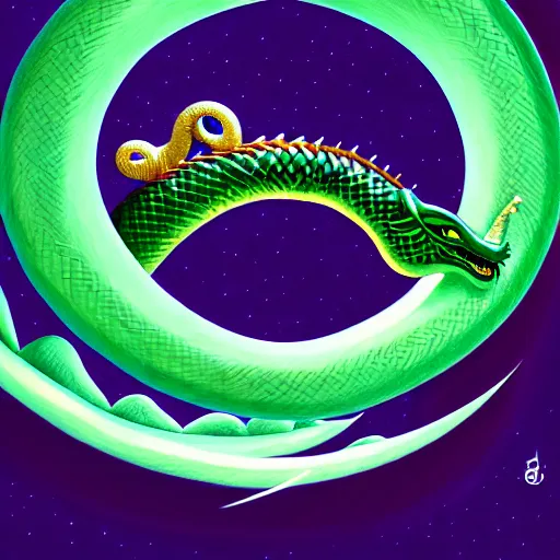 Prompt: illustration of the emerald dragon ouroboros god gaving birth to the universe, epic, masterpiece, digital art, matte painting, bold shapes, hard edges, trending on artstation, by kate irwin