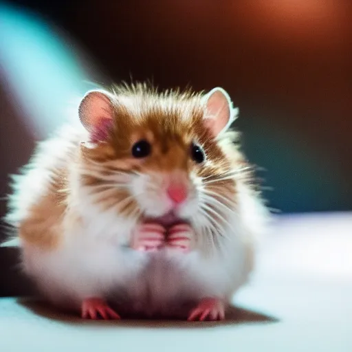 Prompt: photo of a hamster, holding hands with a kitten, in a cinema, various poses, unedited, soft light, sharp focus, 8 k