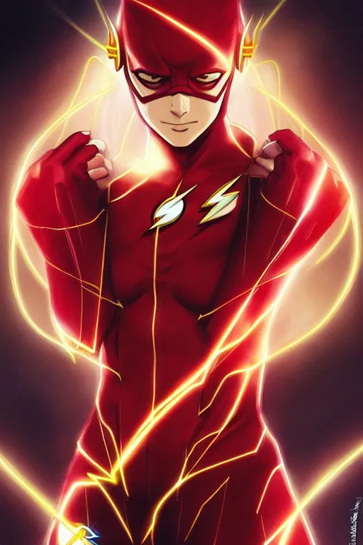 Image similar to anime key visual of a beautiful female the flash!! intricate, red, black, gold suit, powers, speed, lightning hate, dc comics, cinematic, stunning, highly detailed, digital painting, artstation, smooth, hard focus, illustration, art by artgerm and greg rutkowski and alphonse mucha