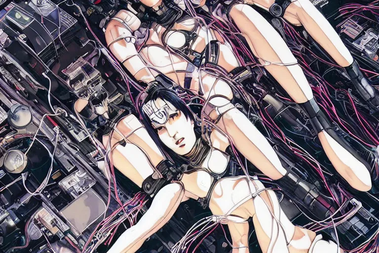 Image similar to a cyberpunk illustration of a group of female androids in style of hajime sorayama, lying on an abstract, empty, white floor with their body parts scattered around and cables and wires coming out, by katsuhiro otomo and masamune shirow, hyper-detailed, intricate, colorful, view from above, wide angle, close up, beautiful