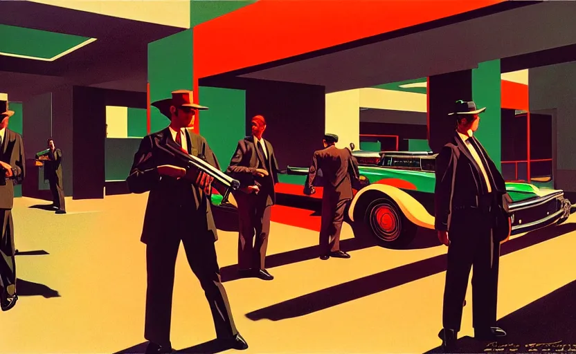 Prompt: by syd mead, pedestal with exhibit ak 4 7 and men's in suit's around, soft light, red + green colours, golden facture, high quality details, perspective, denoise deep depth of field