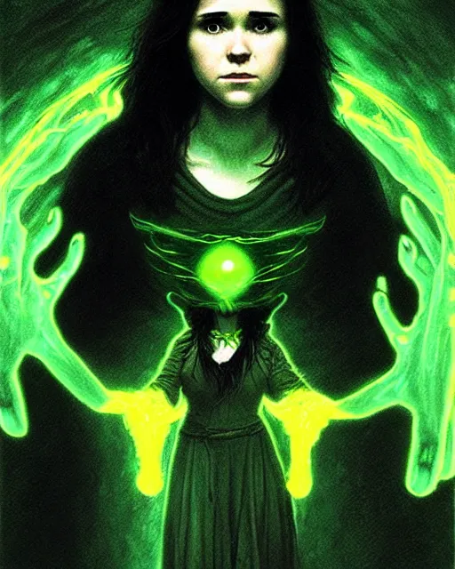 Prompt: ellen page with yellow glowing eyes as a dark sorceress casting a green spell, green lighting, fantasy character portrait, ultra realistic, concept art, intricate details, highly detailed by james bama, william adolphe bouguereau and frank frazetta