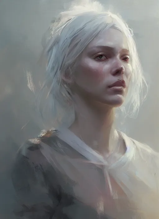Prompt: beautiful female face, white hair, by jeremy mann, by greg rutkowski, by noah bradley, digital painting