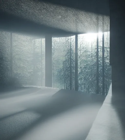 Prompt: the symmetric green linear light in the antartic, volumetric lighting, fog, majestic light, octane render, beauty fog, ethereal glare of the sun, hyperrealistic, epic, masterpiece, by peter zumthor