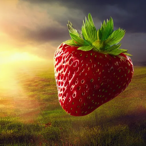 Prompt: huge strawberries fall to earth, apocalypse, 4 k, 8 k, trending on artstation