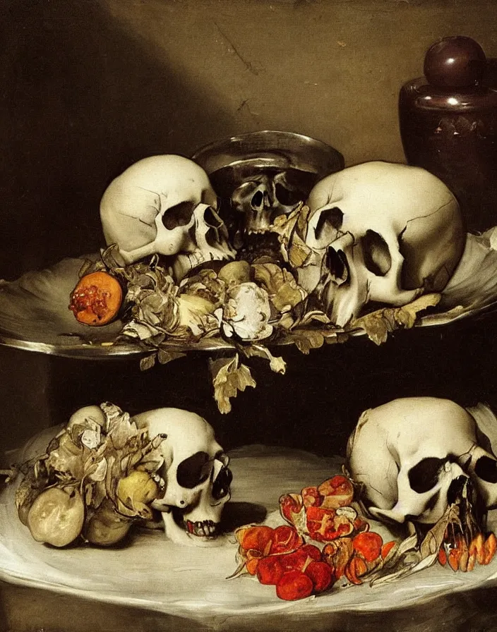 Prompt: still life painting with a single skull on a silver platter, dead flowers, rotten fruit, lit by a single candle by Diego Velázquez and francisco goya