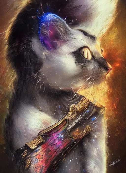 Image similar to a humanoid cat with a sword, Atmospheric beautiful by Stanley Artgerm, Tom Bagshaw, Arthur Adams, Carne Griffiths, trending on Deviant Art, street art, face enhance, chillwave, maximalist, full of color, glittering, 8k, hd