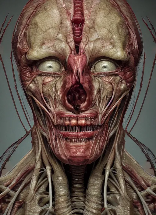 Prompt: alien head with translucent skin, visible muscles and veins and arteries and bones and spines and nerves, beautiful detailed intricate insanely detailed octane render, 8k artistic photography, photorealistic, chiaroscuro, by David Cronenberg, Raphael, Caravaggio