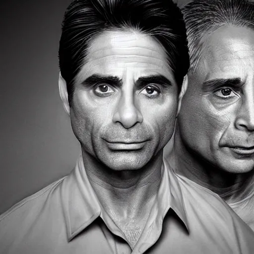 Image similar to john stamos and tony danza, focused, mugshots, photoshoot, sharp details, face photo, face details sharp, by donato giancola and greg rutkowski and wayne barlow and zdzisław beksinski, eyeballs, product photography, action figure, sofubi, studio lighting, colored gels, colored background,