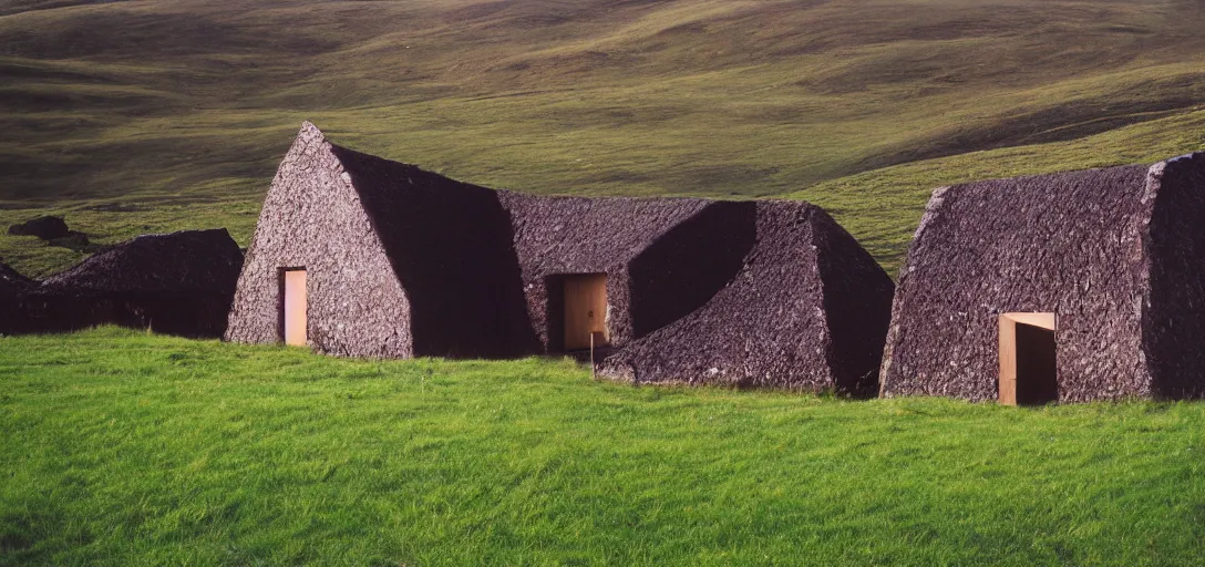 Image similar to scottish blackhouse designed by oscar niemeyer. fujinon premista 1 9 - 4 5 mm t 2. 9. portra 8 0 0.