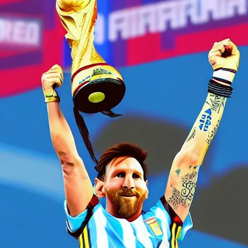 Prompt: lionel messi lifting the fifa world cup wearing the argentina shirt, extremely detailed, 9 k