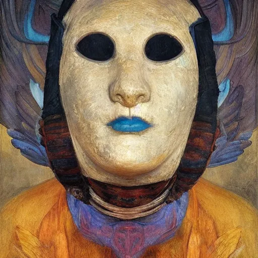 Image similar to the last guest in her bird mask, by Annie Swynnerton and Diego Rivera, symbolist, dramatic lighting, elaborate geometric ornament, god rays, soft colors,smooth, sharp focus, extremely detailed