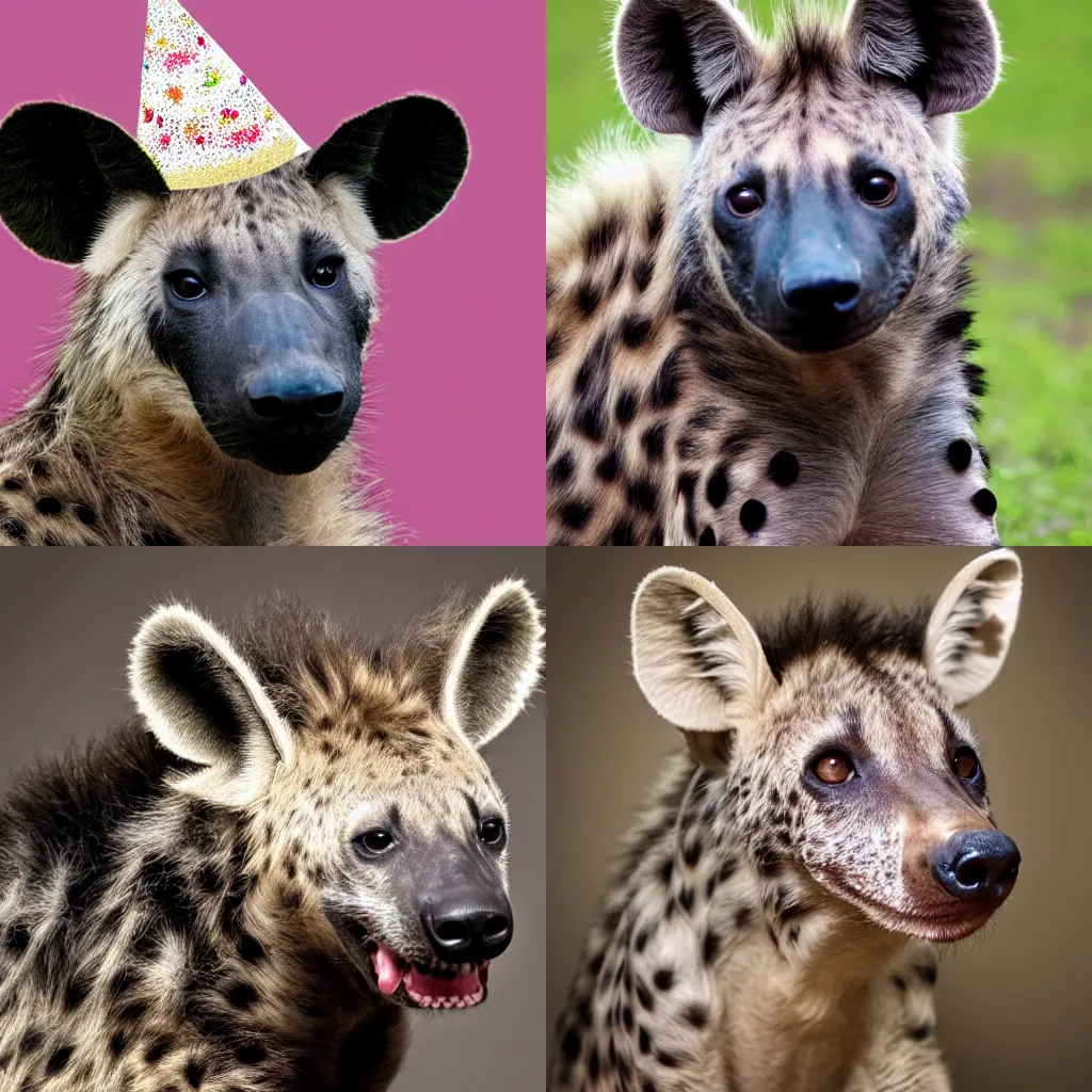 Prompt: A hyena wearing a birthday hat