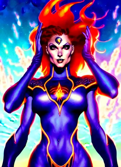 Image similar to front portrait hands behinds pose of attractive Starfire with ginger wavy hair using white gloves, hands behind her pose!, Intricate overlay flames imagery , D&D!, fantasy style, sharp focus!, ultra detailed, art by Artgerm and Peter Andrew Jones, WLUP