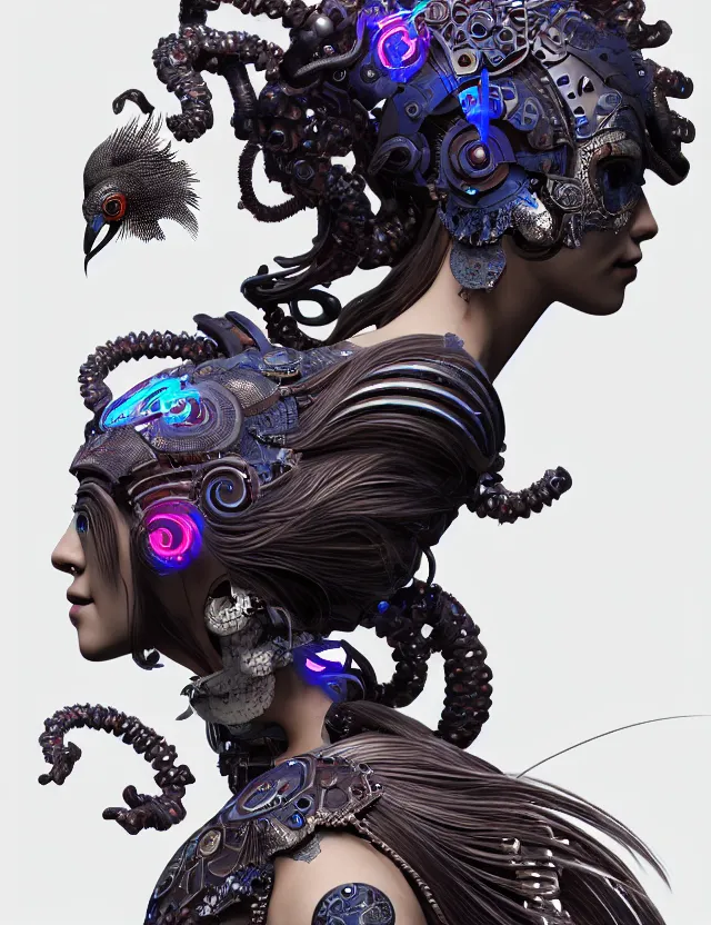 Image similar to 3 d goddess cyborg close - up profile portrait with ram skull. beautiful intricately detailed japanese crow kitsune mask and clasical japanese kimono. betta fish, jellyfish phoenix, bio luminescent, plasma, ice, water, wind, creature, artwork by tooth wu and wlop and beeple and greg rutkowski