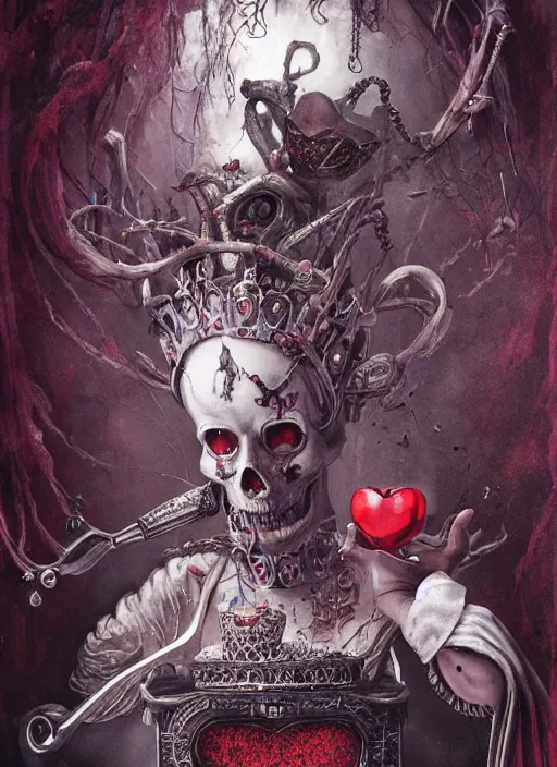 Prompt: Queen of Hearts having tea, Death Tarot card,highly detailed,half skull face,cinematic,8k,by Stanley Artgermm,Tom Bagshaw,Greg Rutkowski,Carne Griffiths, Ayami Kojima, Beksinski, Giger,trending on DeviantArt,hyper detailed,horror, full of colour