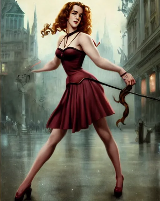 Image similar to pinup photo of hermione granger by emma watson in the crowded square of the city, by greg rutkowski, gil elvgren, enoch bolles, kezie demessance, glossy skin, pearlescent, very coherent, very detailed