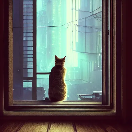 Image similar to Big european shorthair cat and small fluffy kitten from the back in the apartment room looking to window in a cyberpunk city, soft god rays from city lights outside the window, unreal engine 5, soft neon atmosphere, photorealistic, soothing colors, somber melancholic matte painting, hyperrealism, hyperrealistic, cinematic masterpiece, cyberpunk style 8k ultrahd octane render