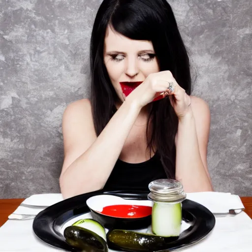 Prompt: goth girl eating plate of pickles