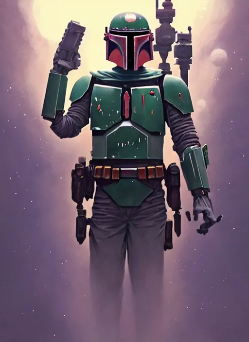 Image similar to symmetry! highly detailed portrait of boba fett, shallow focus!!!. fantasy art by greg rutkowski, loish, rhads, ferdinand knab, makoto shinkai and lois van baarle, ilya kuvshinov, rossdraws, tom bagshaw, alphonse mucha, global illumination, radiant light, space station.