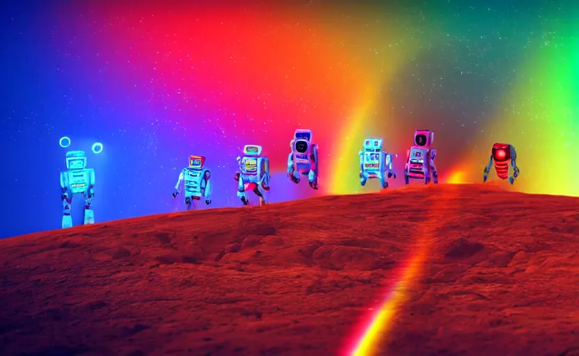 Prompt: crowd of humans and robots running from earth to mars on a rainbow bridge, ultra hd, neon colors