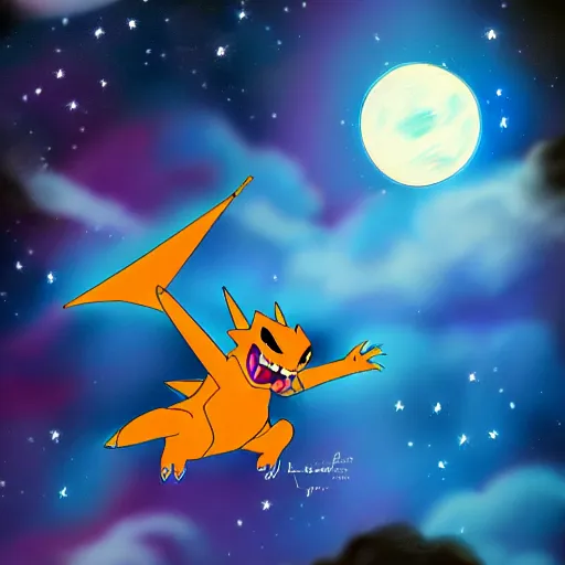 Prompt: charizard from pokemon flying into space and time above the clouds, the stars and galaxies are shining bright, ue 5, award winning, sharp focus, illustration