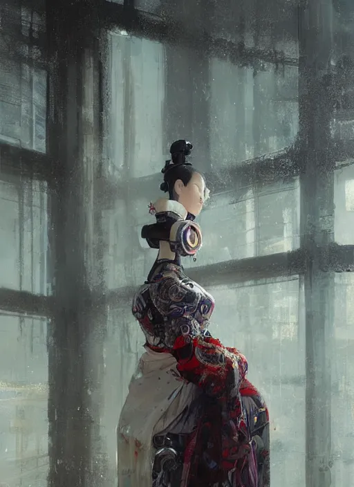 Image similar to female robot geisha girl, beautiful face, rule of thirds, intricate outfit, backlit, by greg rutkowski, by jeremy mann, digital painting