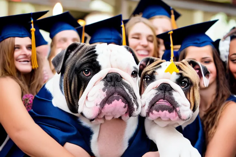 Prompt: a crowd of high school graduates petting an english bulldog wearing a crown, english bulldog wearing a plastic crown