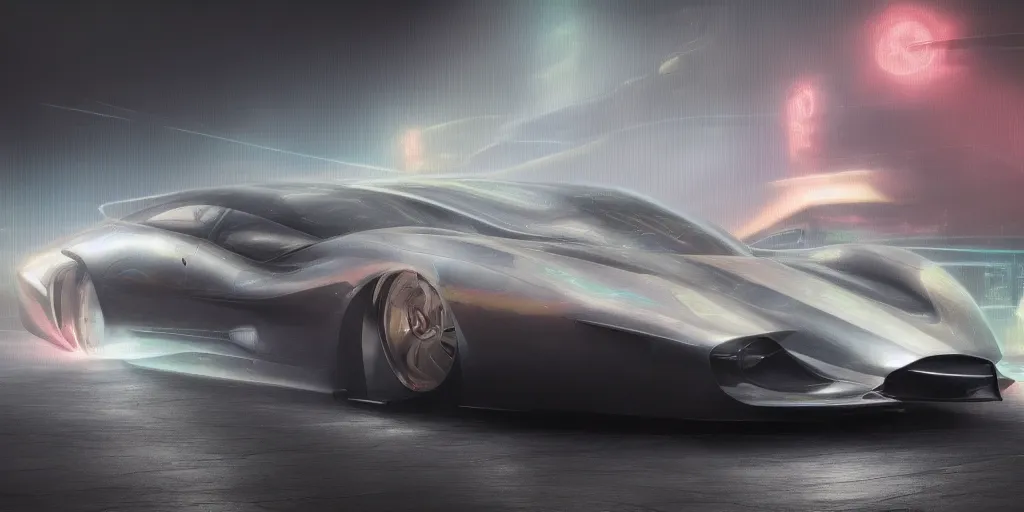 Prompt: full view of a car, painted in silver rainbow holographic pearlescent, elegant, digital painting, concept art, smooth, sharp focus, art style from Wang Ke and Greg Rutkowski and Bruce Kaiser and Scott Robertson and Dmitry Mazurkevich and Doruk Erdem and Jon Sibal, small style cue from Blade Runner