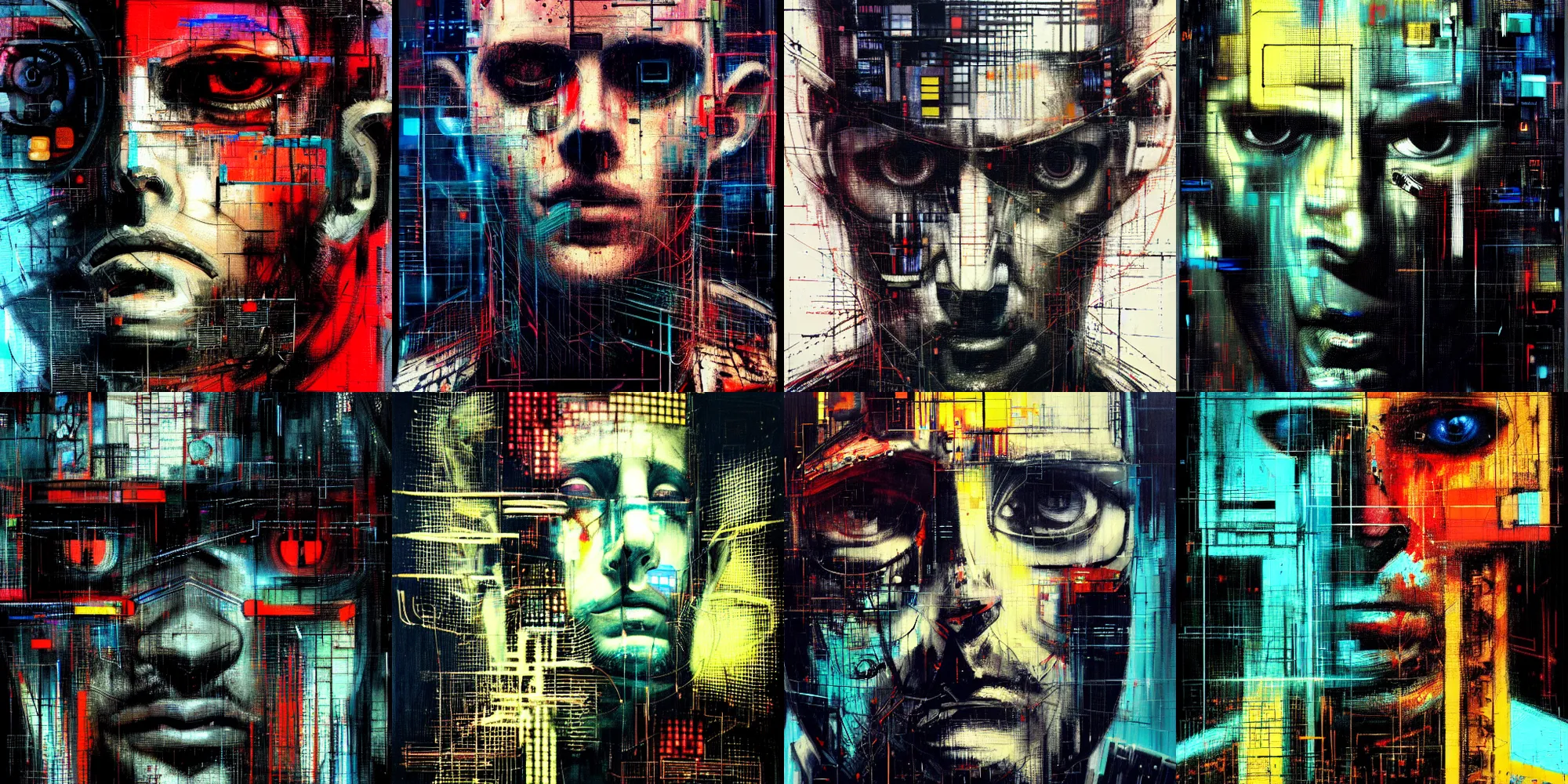 Prompt: abstract portrait of a cyberpunk man in cyberspace, by Guy Denning, Johannes Itten, Russ Mills, hacking effects, cybernetics, detailed lines, color blocking!, acrylic on canvas, insane detail, intricate, front view, symmetrical, octane, concept art, abstract, artistic, 8k, cinematic, trending on artstation