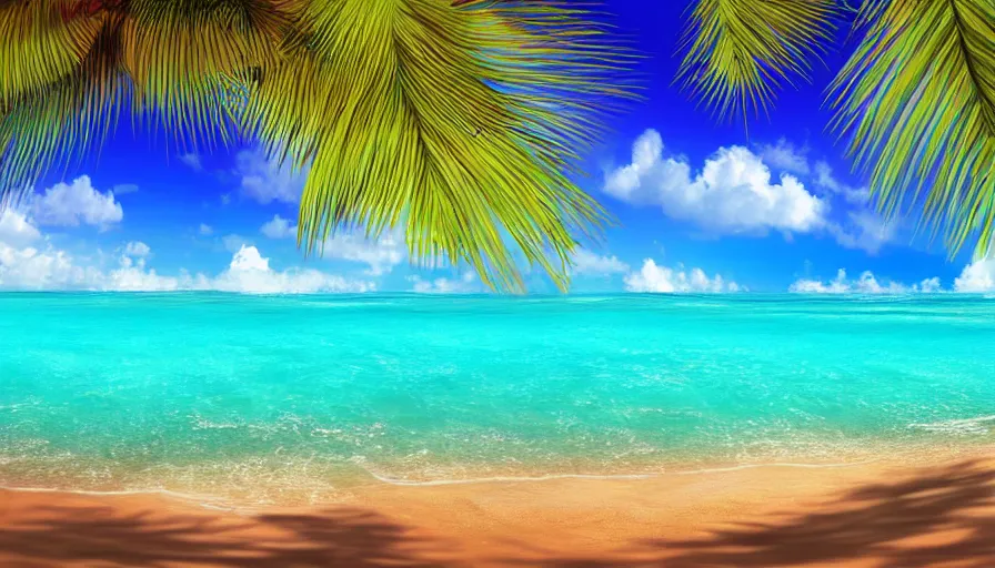 Prompt: a beautiful tropical beach with a stunning turquoise ocean in the background, digital art, highly detailed, realistic, bright colors, 8 k