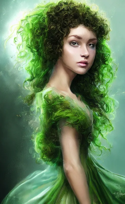 Image similar to a young woman with wild, curly hair and bright green eyes. she's wearing a flowing dress made of light, airy fabric and she has a mischievous look on her face, dynamic lighting, photorealistic fantasy concept art, trending on art station, stunning visuals, creative, cinematic, ultra detailed