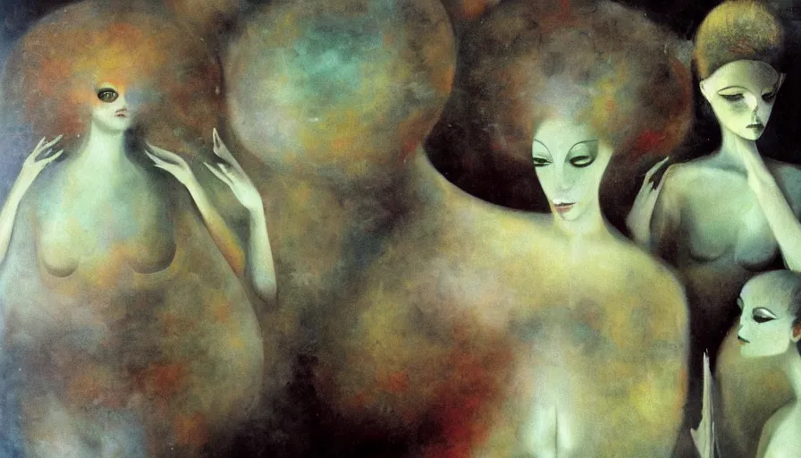 Image similar to surrealist otherworldly beautiful painting by Leonor Fini, Jane Graverol, Marion Elizabeth Adnams, Edith Rimmington, Bridget Tichenor, high quality, high resolution, artistic wallpaper