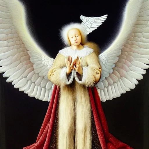 Image similar to highdetailed hyperrealistic painting of white angel!!! no gender!!!, giant ball of miracle light from the chest!!!!!, 4 k hd fur face!!!, big wings, by jan van eyck, holography space, white sparkles everywhere, thin strokes, high textures