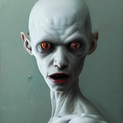 Prompt: unearthly intimidating eerie fish eyed extraterrestrial pale albino alien mutant cultist female with high forehead, ominous, cosmic horror, maquette, oil on canvas, by greg rutkowski