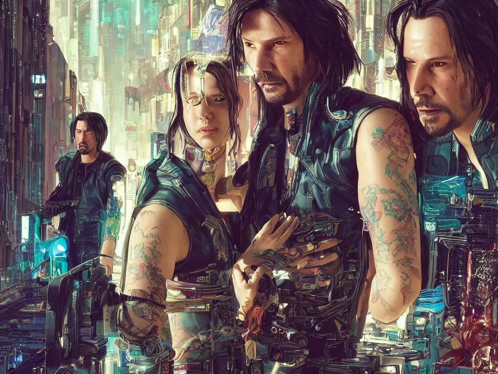 Image similar to a cyberpunk 2077 srcreenshot wedding couple portrait of a Keanu Reeves and a female android final kiss,love,film lighting,by Laurie Greasley,Lawrence Alma-Tadema,Dan Mumford,John Wick,Speed,Replicas,artstation,deviantart,FAN ART,full of color,Digital painting,face enhance,highly detailed,8K,octane,golden ratio,cinematic lighting