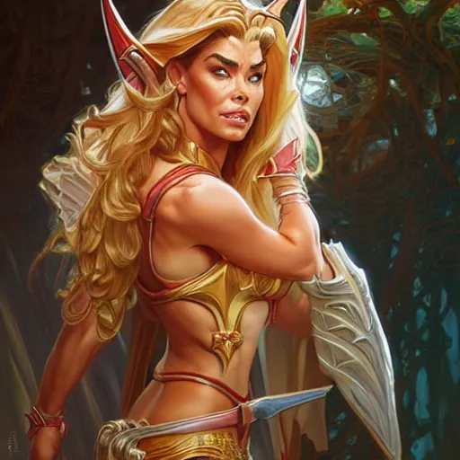 Image similar to Denise Richards as She-Ra, western, D&D, fantasy, intricate, elegant, highly detailed, digital painting, artstation, concept art, matte, sharp focus, illustration, art by Artgerm and Greg Rutkowski and Alphonse Mucha