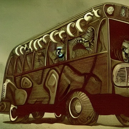 Image similar to an evil schoolbus. h. r. giger, h. p lovecraft, alejandro jodorowsky