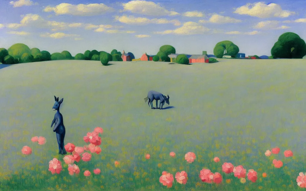 Prompt: a gray donkey on a pink flower meadow, blue sky, sun, high quality, edward hopper