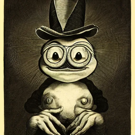 Prompt: portrait of pepe the frog by goya and escher and hogarth, illusion surreal art, highly conceptual figurative art, intricate detailed illustration, controversial poster art, polish poster art, geometrical drawings, no blur