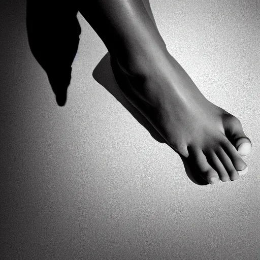 Prompt: a silhouette of a woman's foot soles, seen from the top, black and white hard light