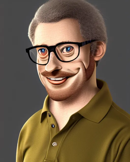 Prompt: cell shaded, pleasant, happy, husky, nerdy man character portrait, wearing polo shirt, earth tones, dark auburn short wavy hair, full beard, glasses without frames, freckles, by don bluth, highly detailed, dynamic shadows, 4 k, wallpaper - 1 0 2 4