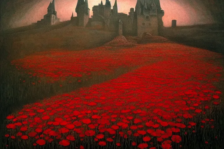 Image similar to only with red, red flowers of different types, a red tiger, a castle in the background, medieval demons dance over the flowers, an ancient path, in the style of beksinski, part by hopper, part by rodcenko, part by hofbauer, intricate composition, red by caravaggio, insanely quality, highly detailed, masterpiece, red light, artstation