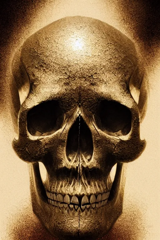 Prompt: skull, close - up portrait, powerful, intricate, elegant, volumetric lighting, digital painting, highly detailed, artstation, sharp focus, illustration, concept art, black ink pen, small gold leaf flake accents