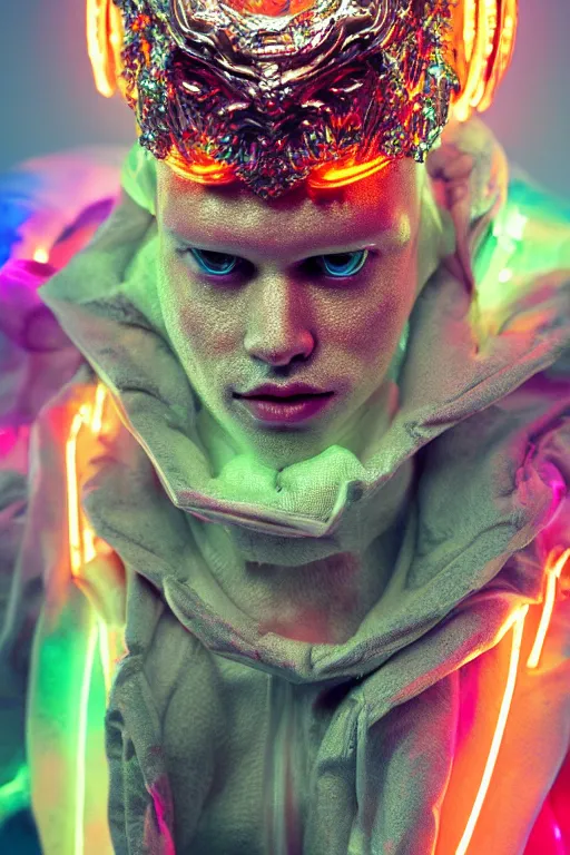 Image similar to hyper detailed ultra sharp portrait of baroque and bladerunner delicate neon ruby sculpture of seductive albino prince royce tigers orange iridescent humanoid deity wearing metallic hoody made out of leaves holding the sun prismatic dungeon, glowing rainbow face, crown of white diamonds, cinematic lighting, photorealistic, octane render 8 k depth of field 3 d