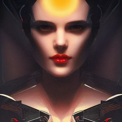 Image similar to portrait of a bladerunner art deco winona rider with a outer light falling on her face, sci-fi, intricate lighting, elegant noir, highly detailed, full-body-shot, digital painting, studio portrait, artstation, smooth, sharp focus, illustration, art by artgerm and greg rutkowski and Charlie Bowater