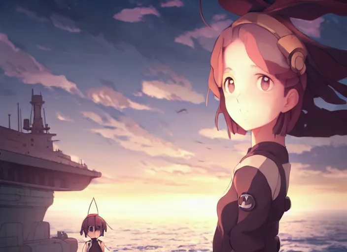 Prompt: inquisitor cute girl looking at the sea, helm of second world war warship in background, illustration concept art anime key visual trending pixiv fanbox by wlop and greg rutkowski and makoto shinkai and studio ghibli and kyoto animation, grimdark, symmetrical facial features, astral witch clothes, dieselpunk, backlit